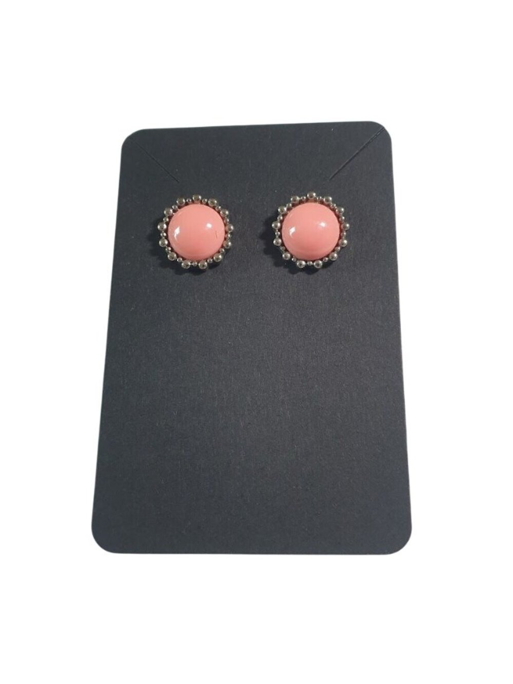 Pink Round Stud Earrings Bead Rimmed Settings Post Backing Silver Tone Minimalis
